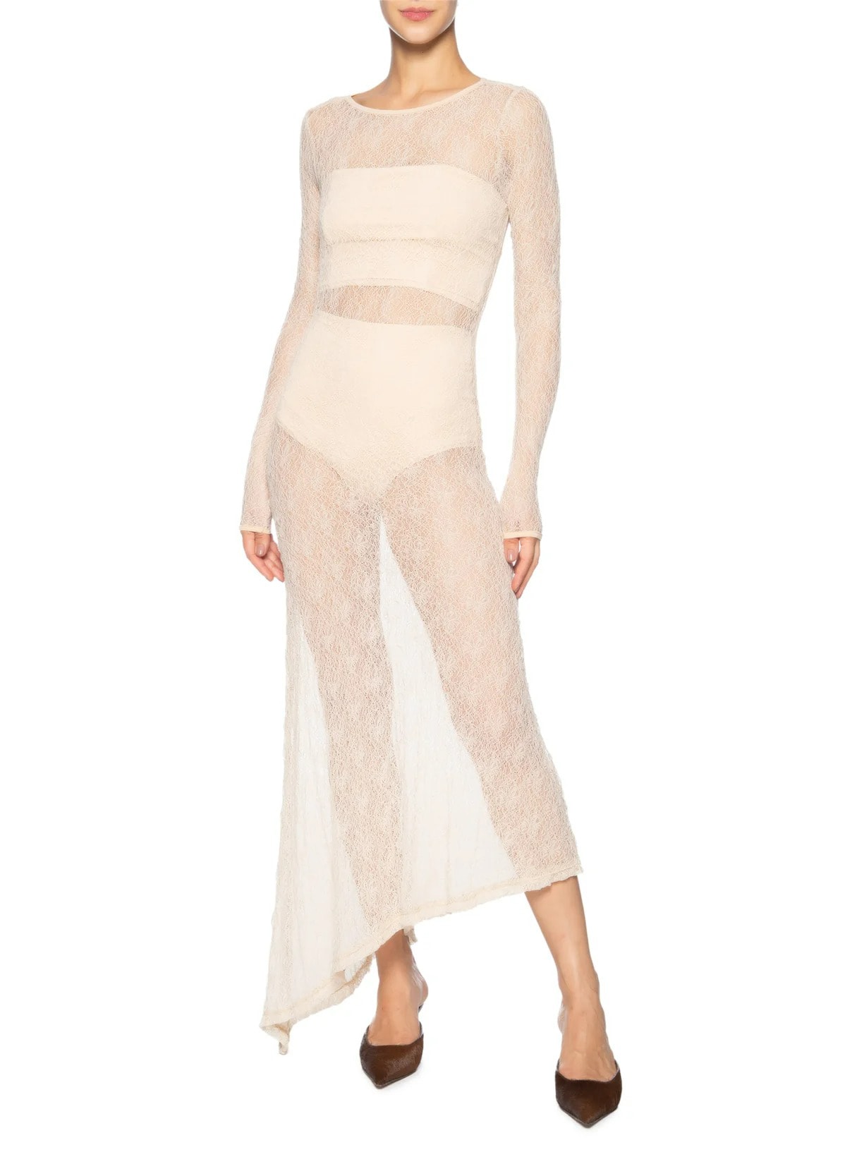 Vestido Midi Com Fenda Nas Costas Em Renda Bege '2Essential