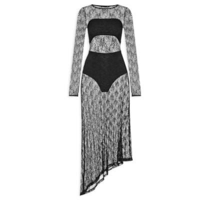 Vestido Midi Com Fenda Nas Costas Em Renda - Preto