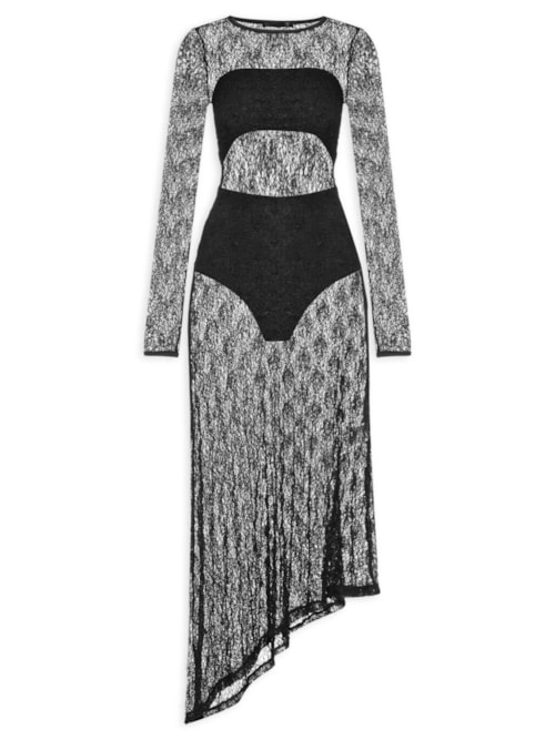 Vestido Midi Com Fenda Nas Costas Em Renda - Preto