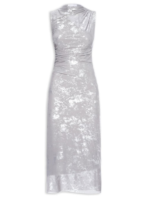 Vestido Midi Com Foil E Drapeado - Cinza
