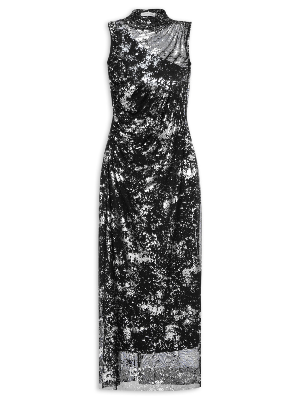 Vestido Midi Com Foil E Drapeado - Preto