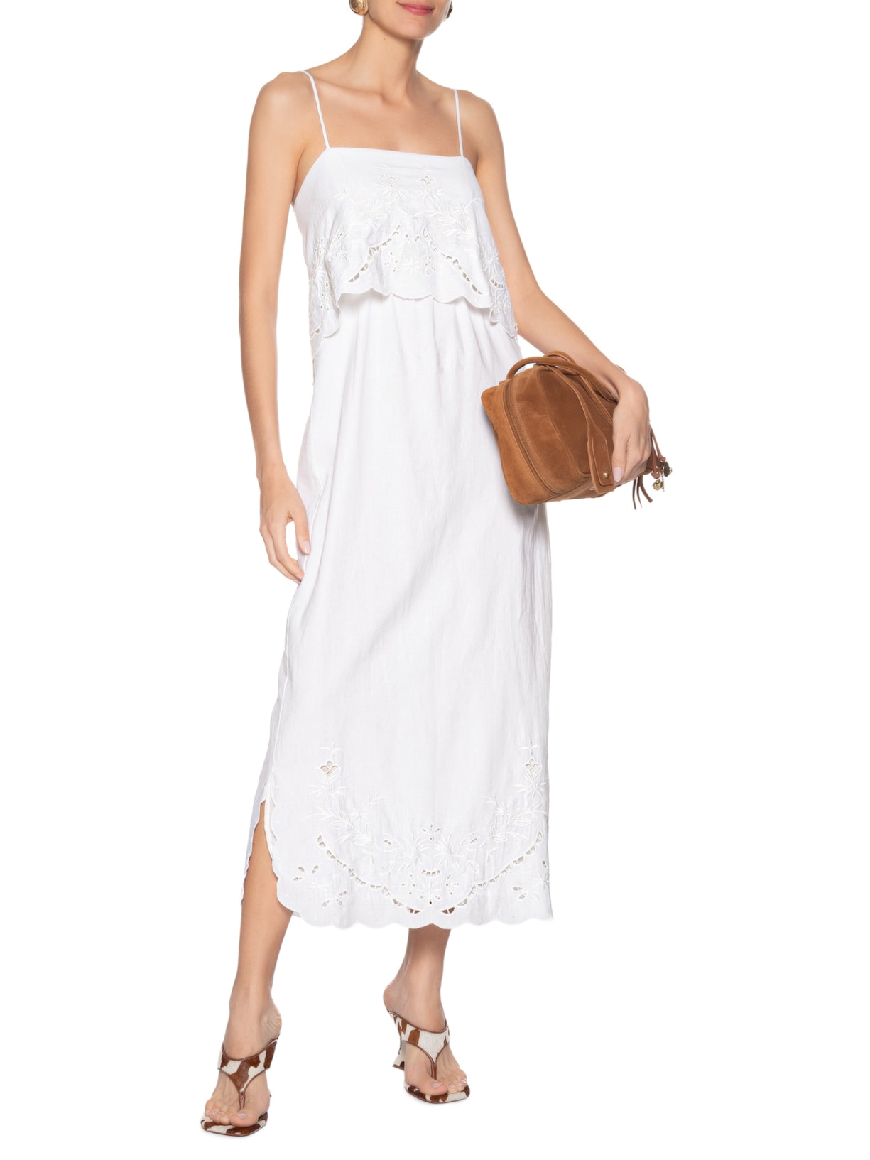 Vestido Midi Com Linho Com Top Bordado Branco Animale