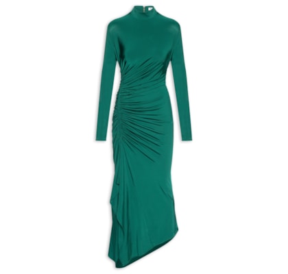 Vestido Midi Com Manga E Lateral Franzida - Verde