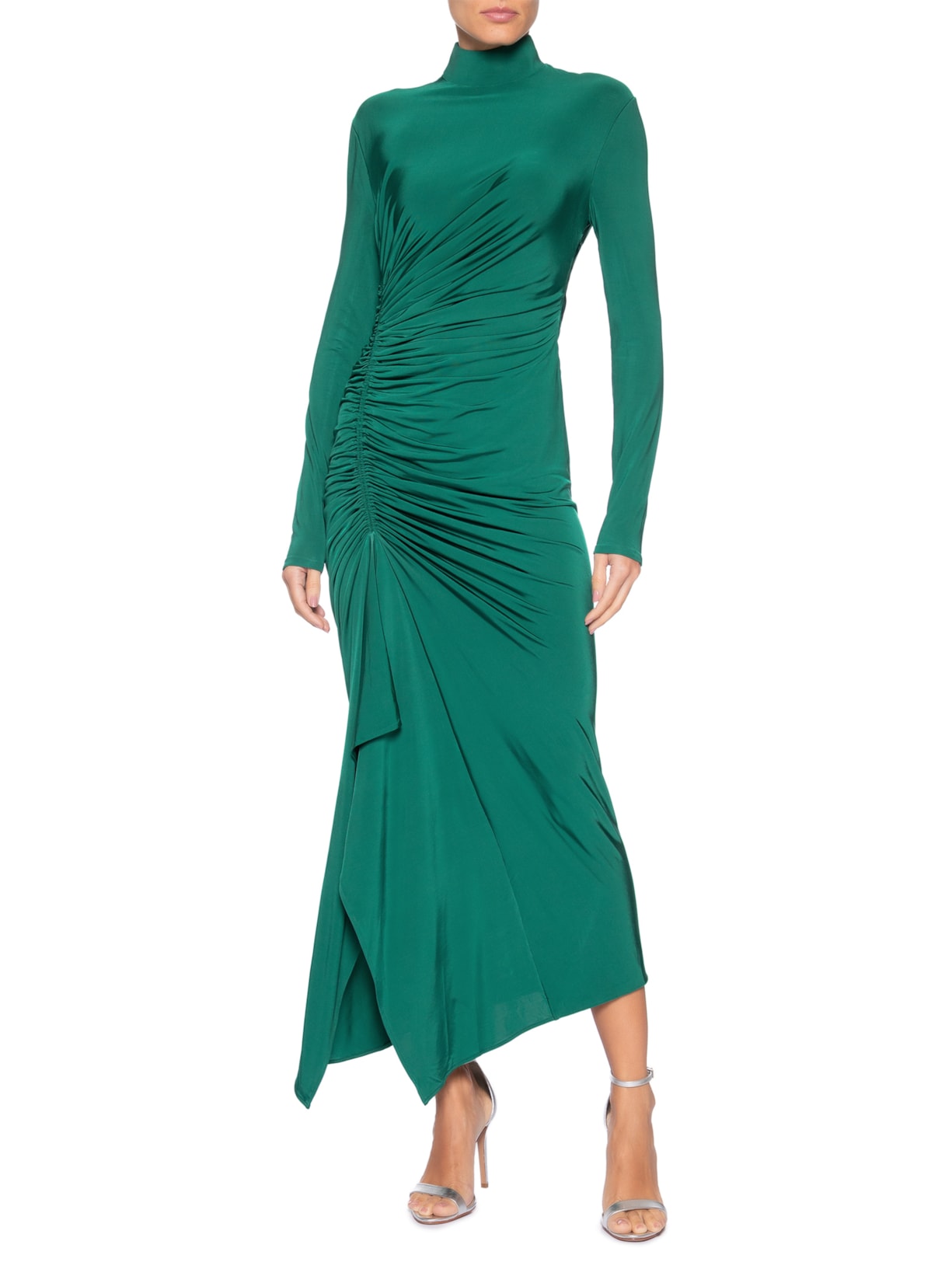 Vestido Midi Com Manga E Lateral Franzida Verde Reinaldo Lourenço