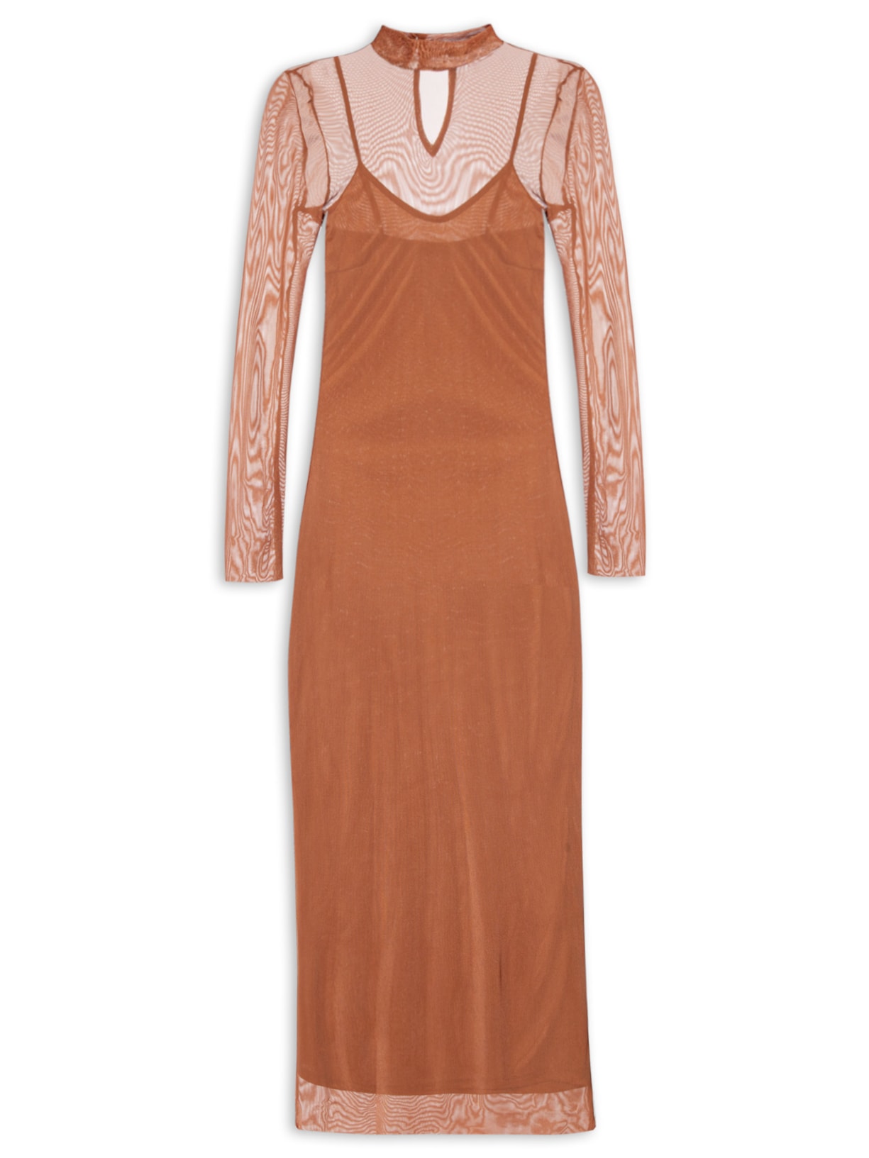 Vestido Midi Com Sobreposição Em Tule - Bege