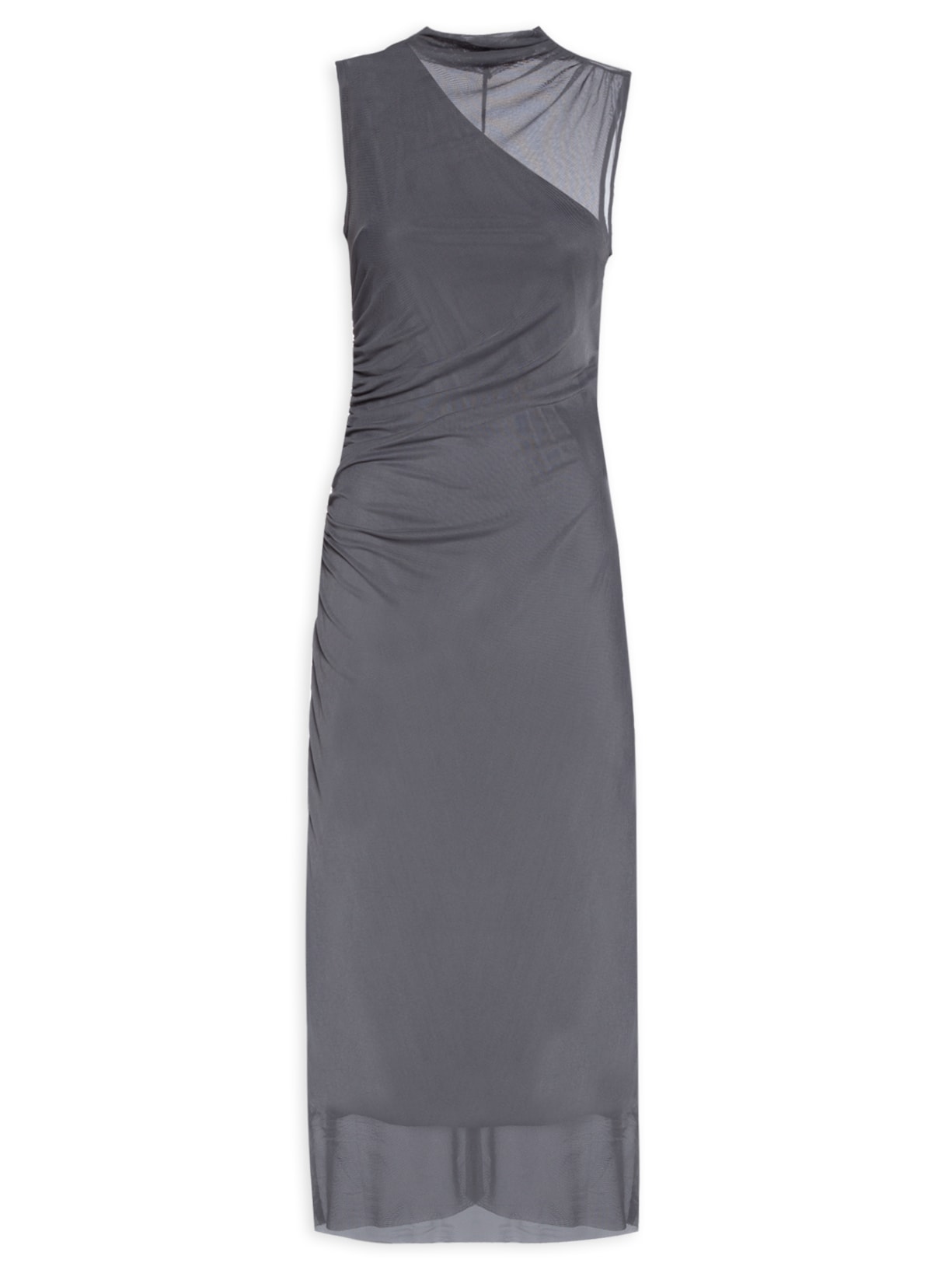 Vestido Midi Com Sobreposição Em Tule - Cinza