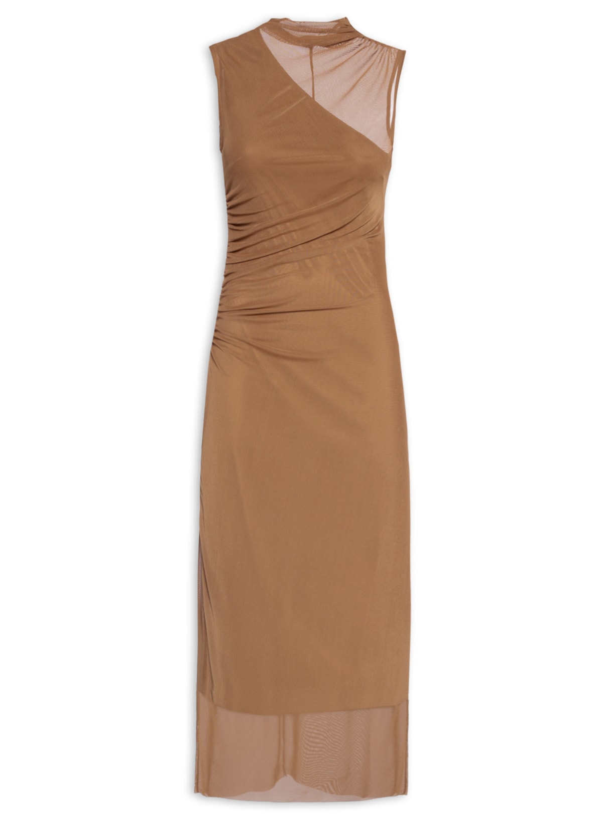 Vestido Midi Com Sobreposição Em Tule - Marrom