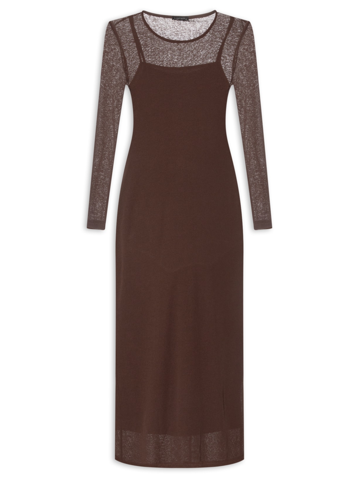 Vestido Midi Com Transparência - Marrom