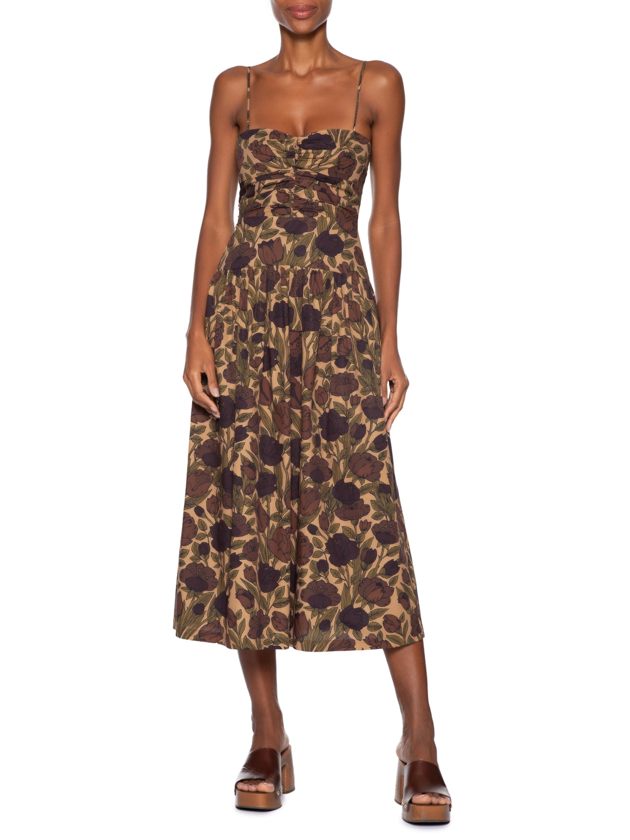 Vestido Midi Cotton Jardim Marrom Paula Raia