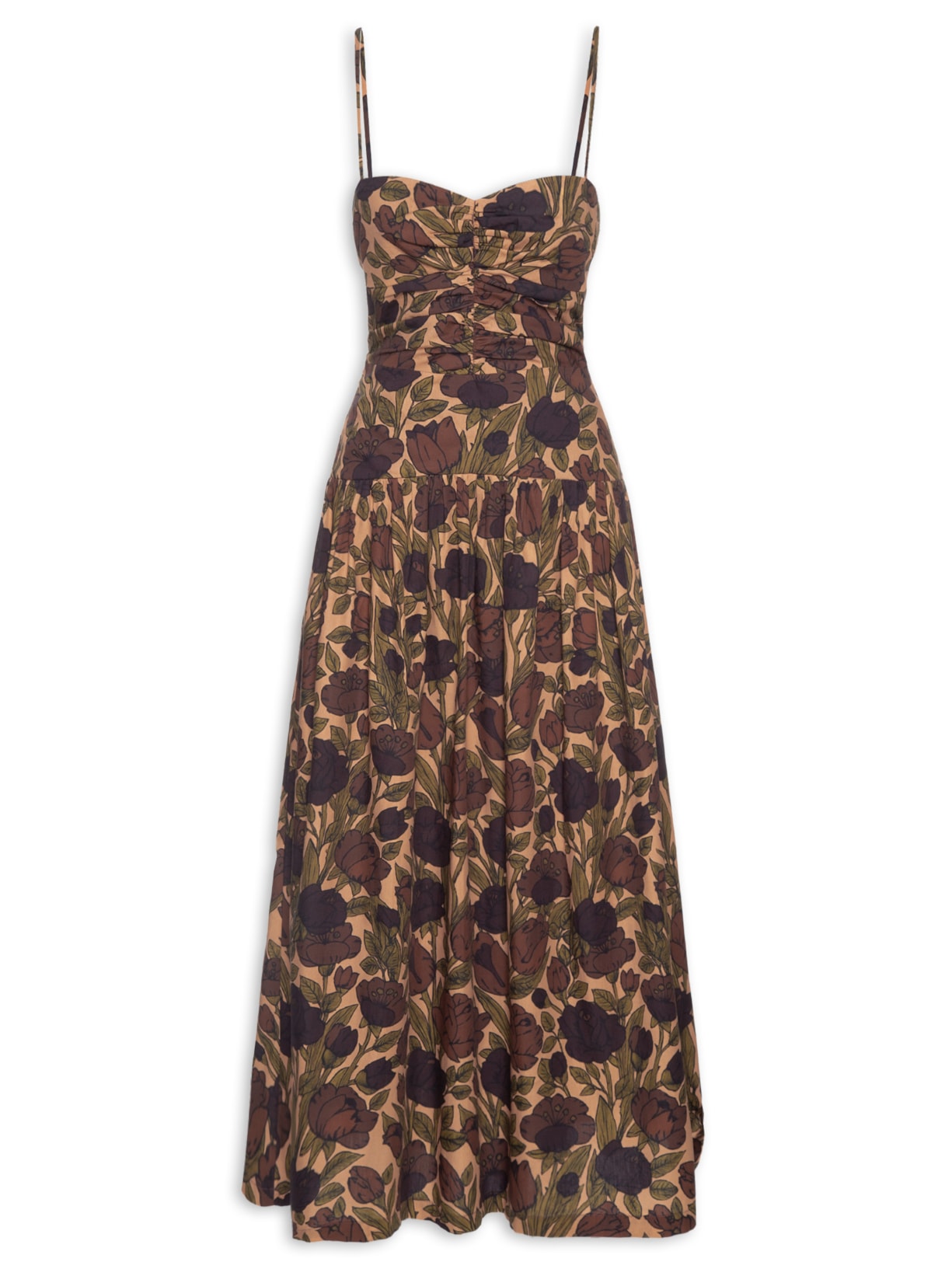 Vestido Midi Cotton Jardim Marrom Paula Raia