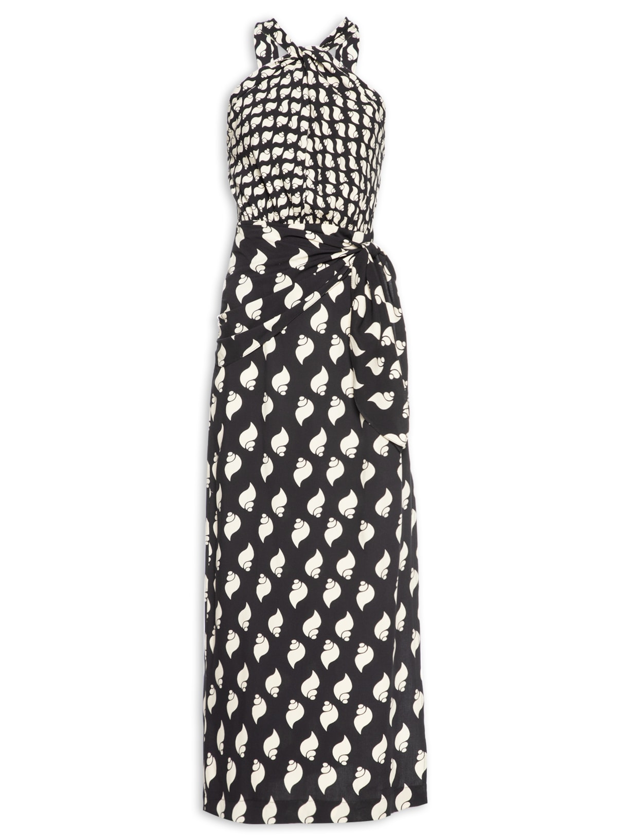 Vestido Midi Crepe Estampa Litorânea - Preto