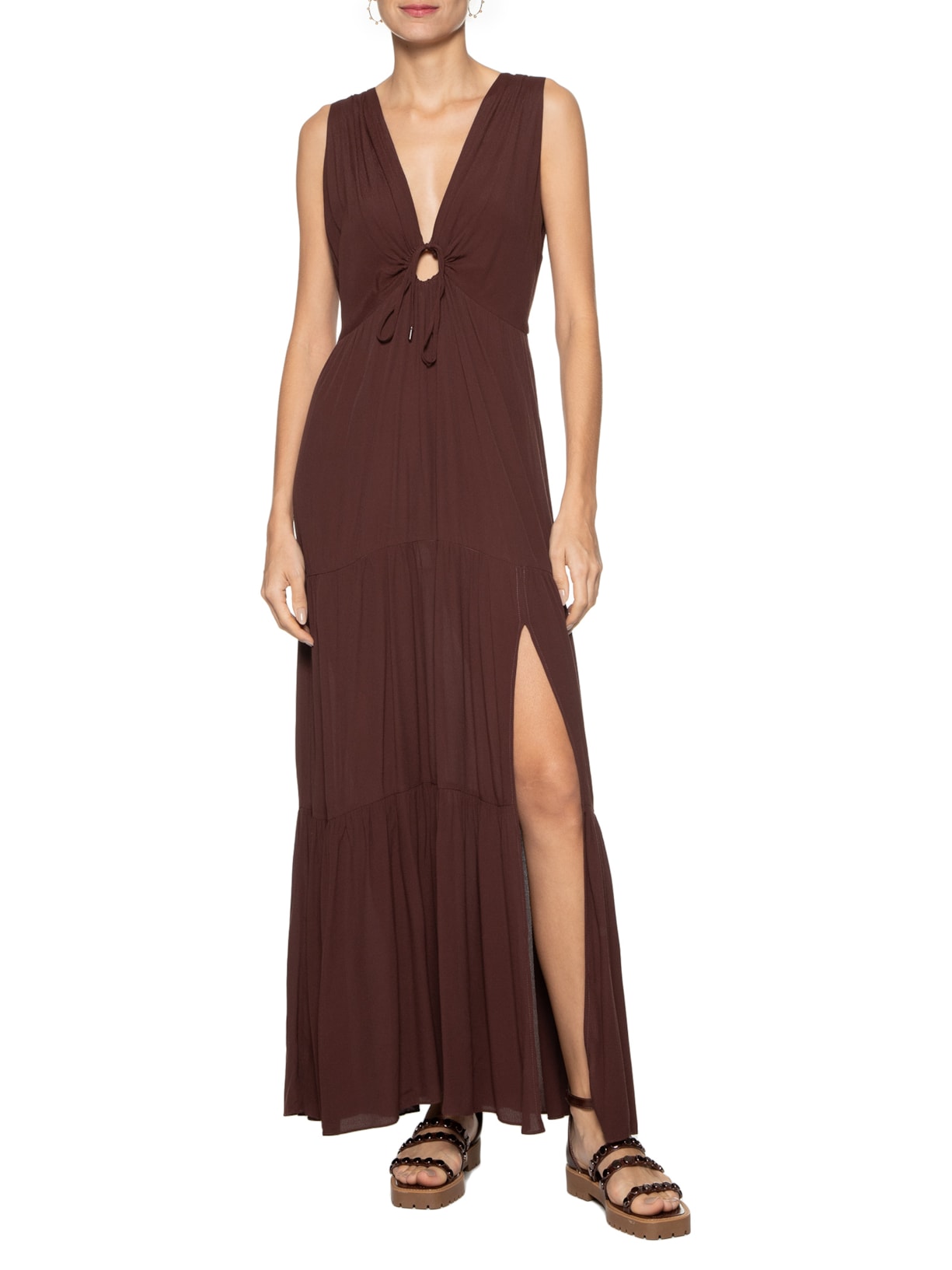 Vestido Midi Crepe Frente Vazada Marrom Dress To