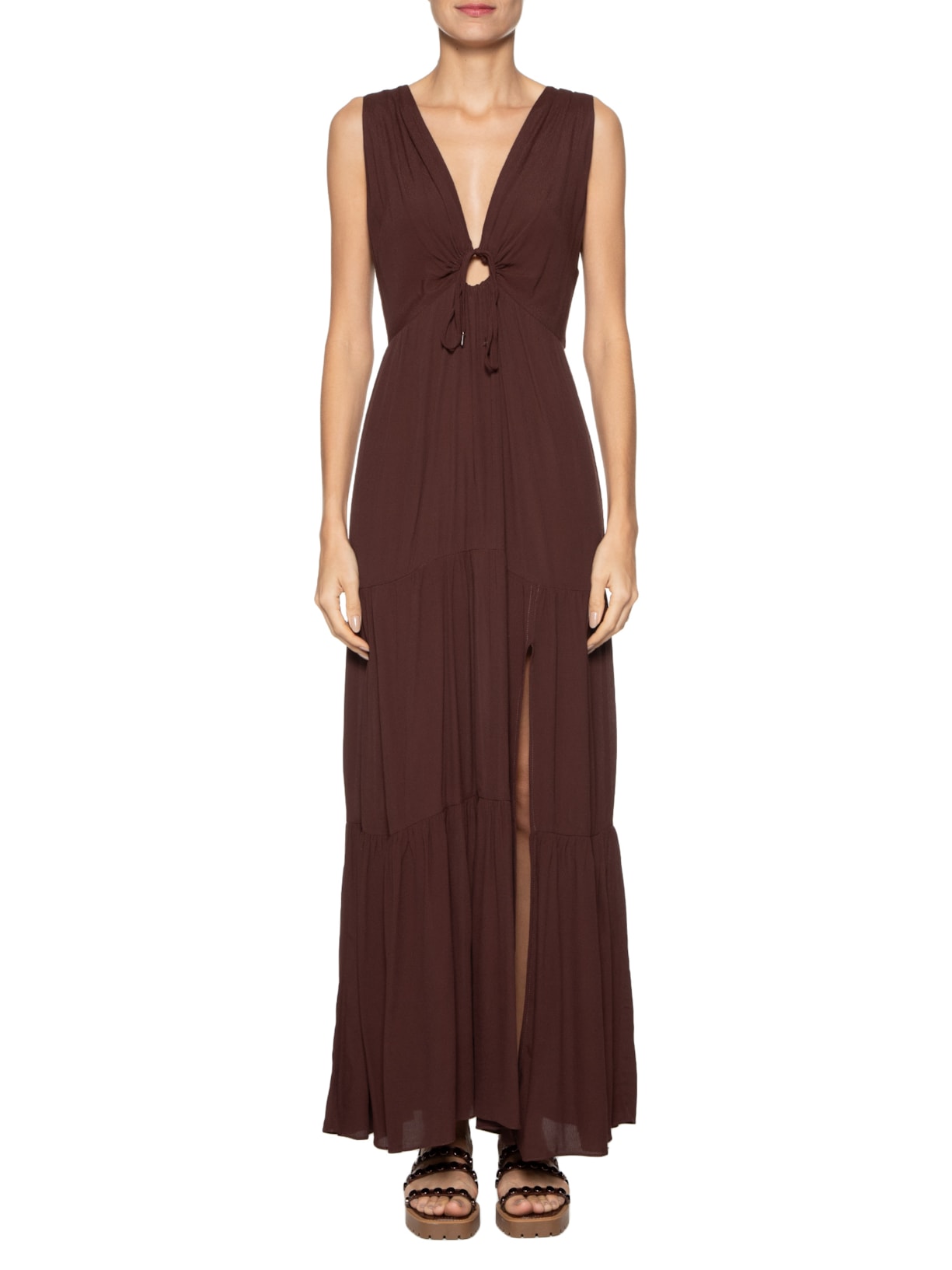 Vestido Midi Crepe Frente Vazada Marrom Dress To