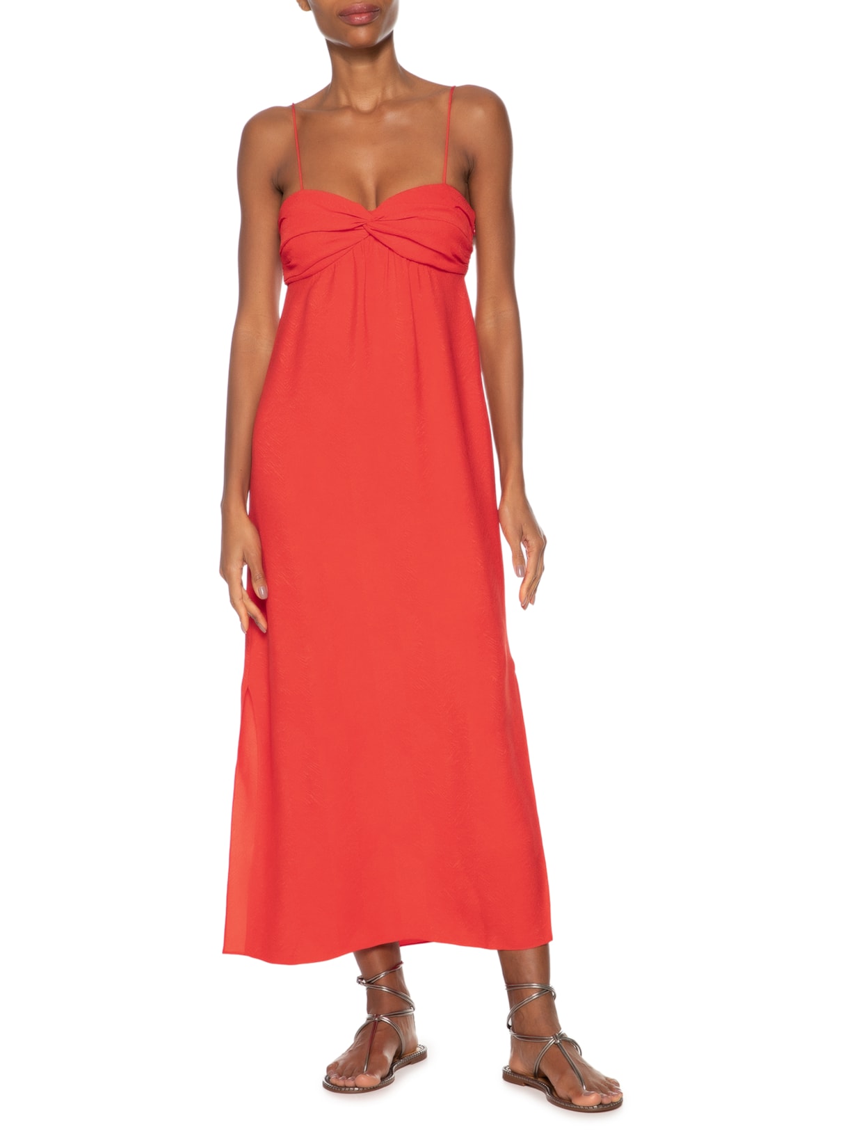 Vestido Midi De Alça Vermelho Busto Franzido Vermelho Animale