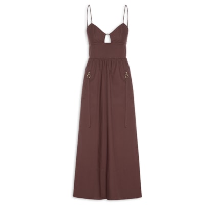 Vestido Midi de Algodão Detalhe Bolsos - Marrom