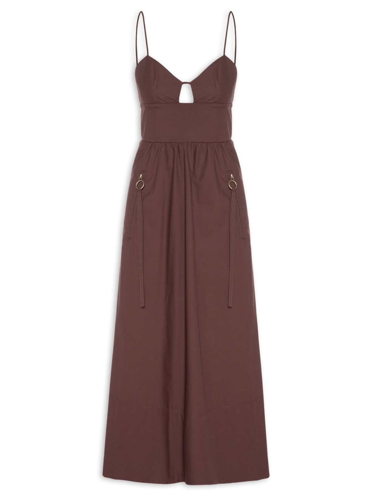 Vestido Midi de Algodão Detalhe Bolsos - Marrom
