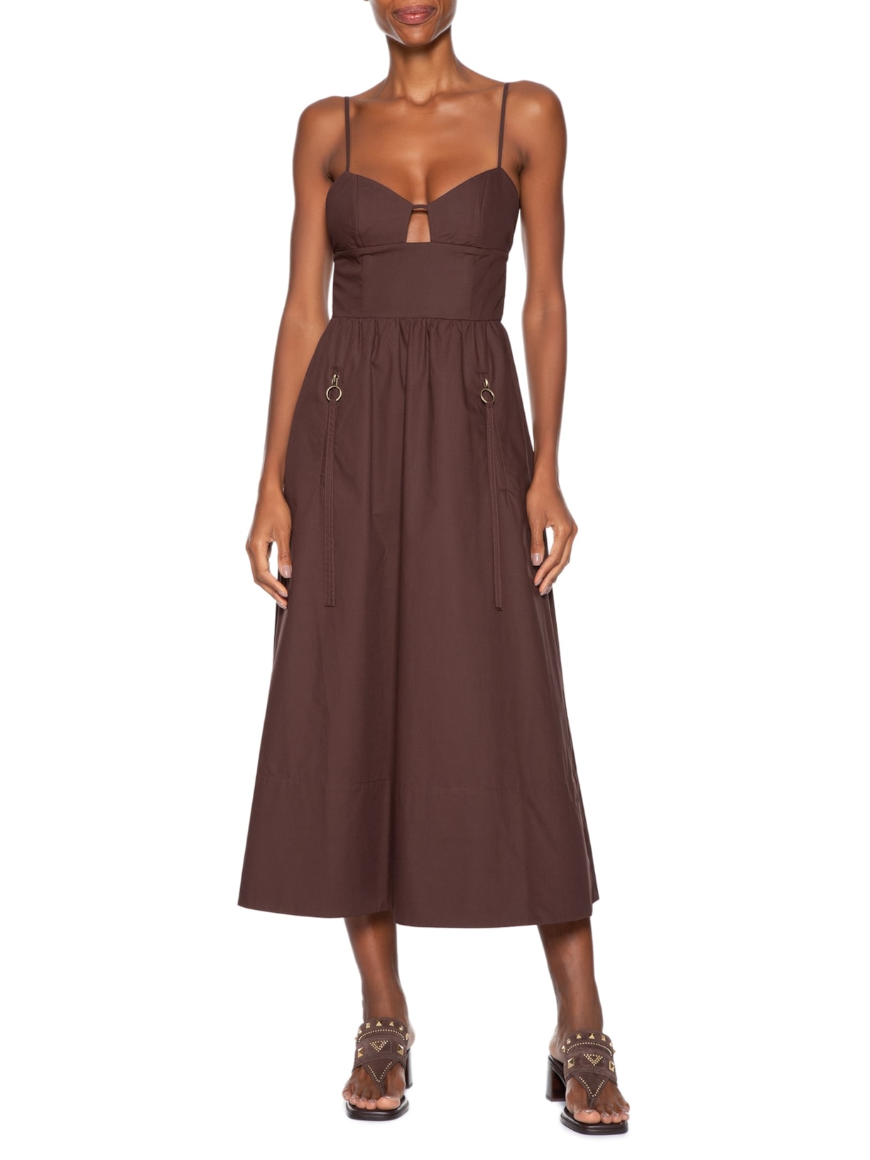 Vestido Midi de Algodão Detalhe Bolsos Marrom Animale