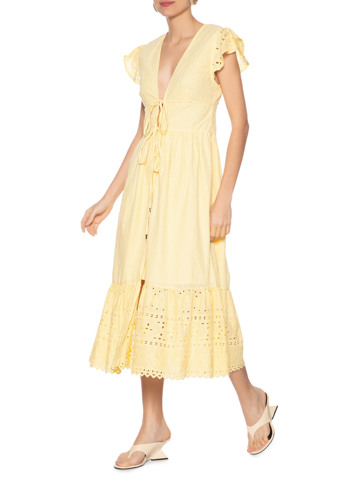 Vestido Midi De Algodão Maquinetado Amarelo Animale Jeans