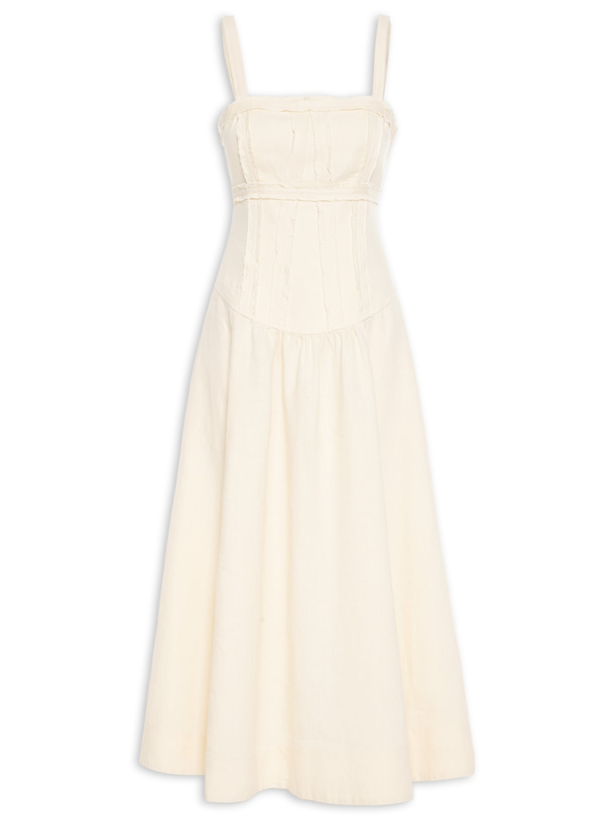 Vestido Midi De Linho Detalhes à Fio - Bege