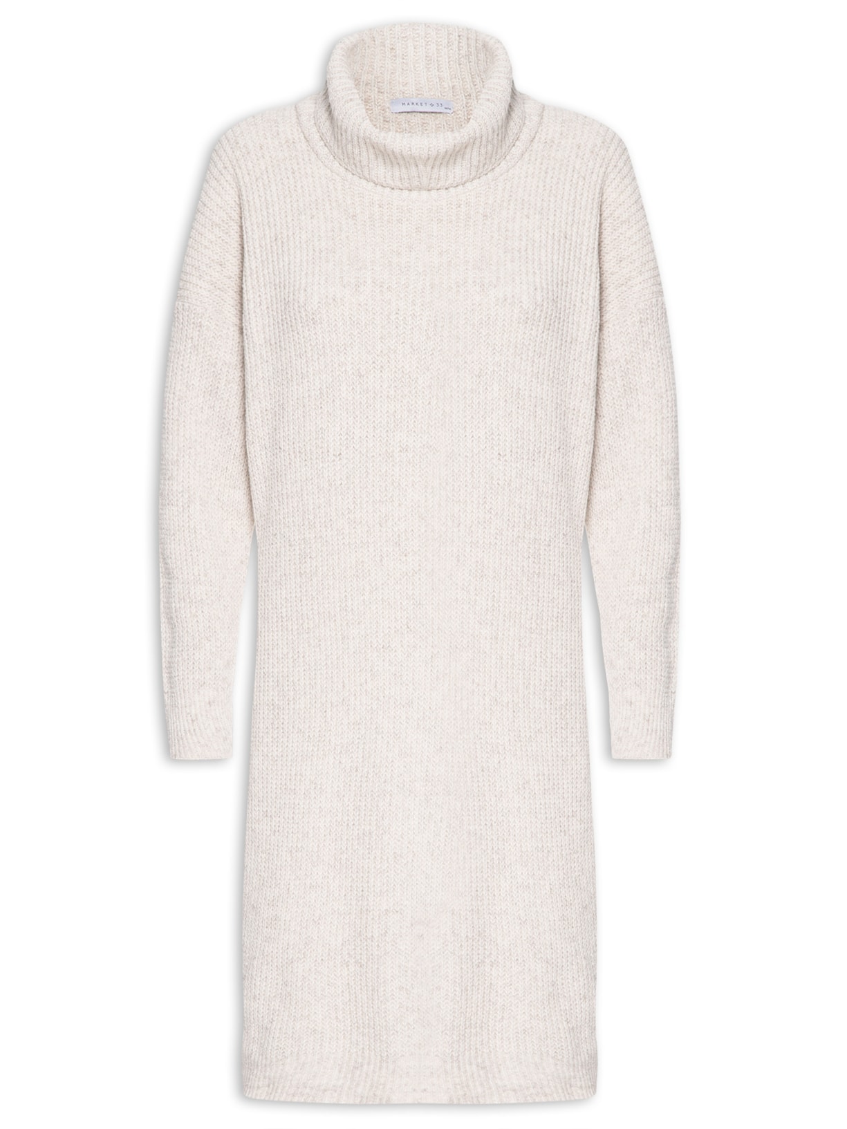 Vestido Midi De Tricot Com Manga Longa E Gola Alta - Bege