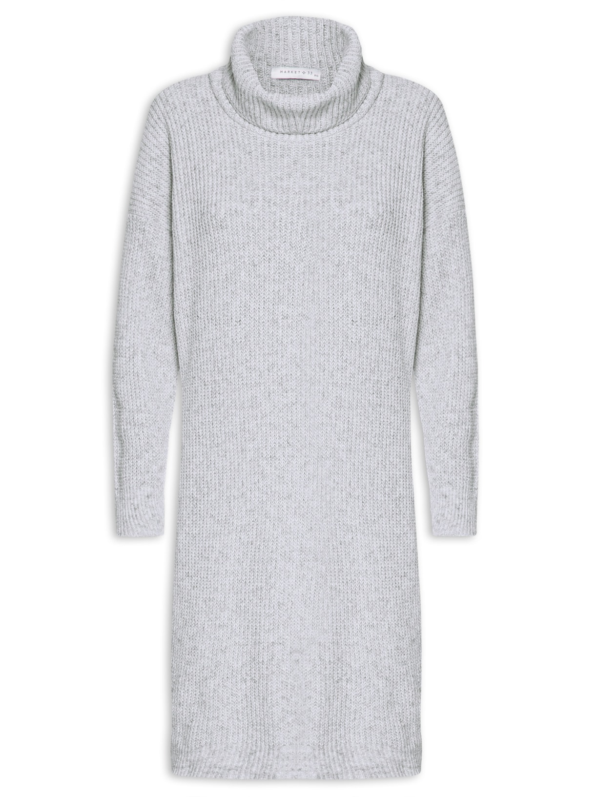 Vestido Midi De Tricot Com Manga Longa E Gola Alta - Cinza