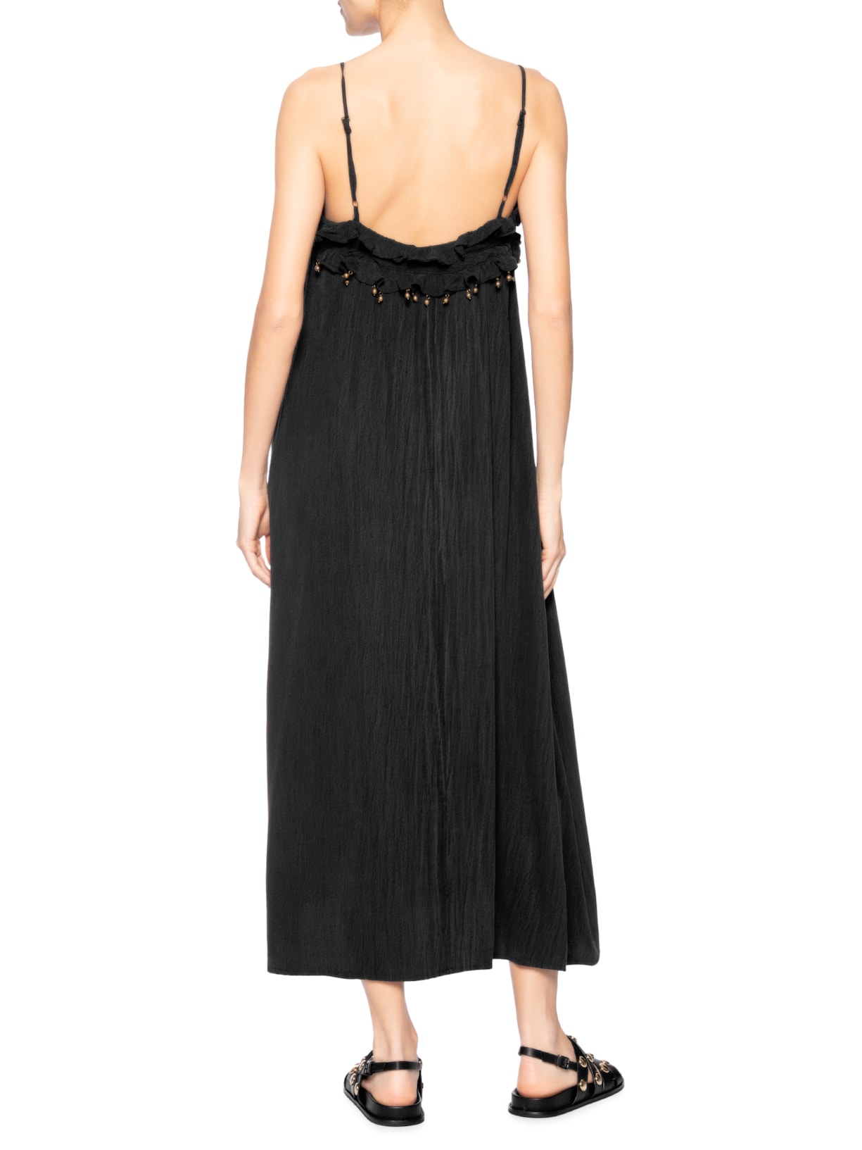 Vestido Midi Decote Babado Preto Maria Filó