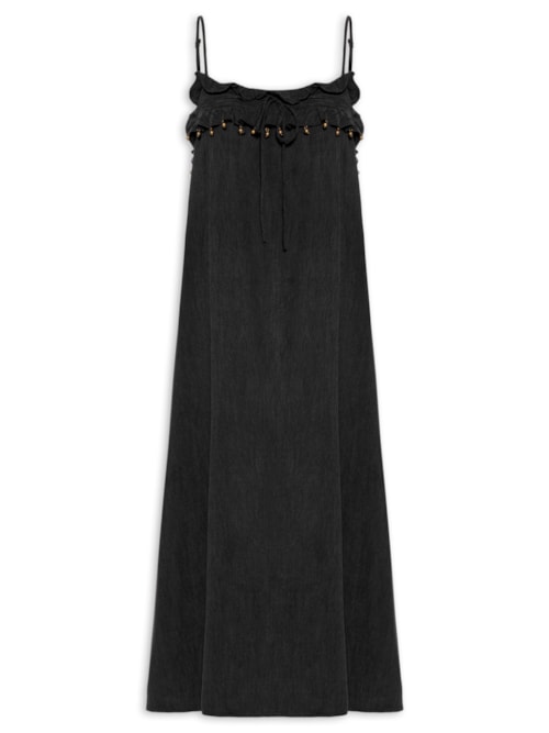 Vestido Midi Decote Babado - Preto