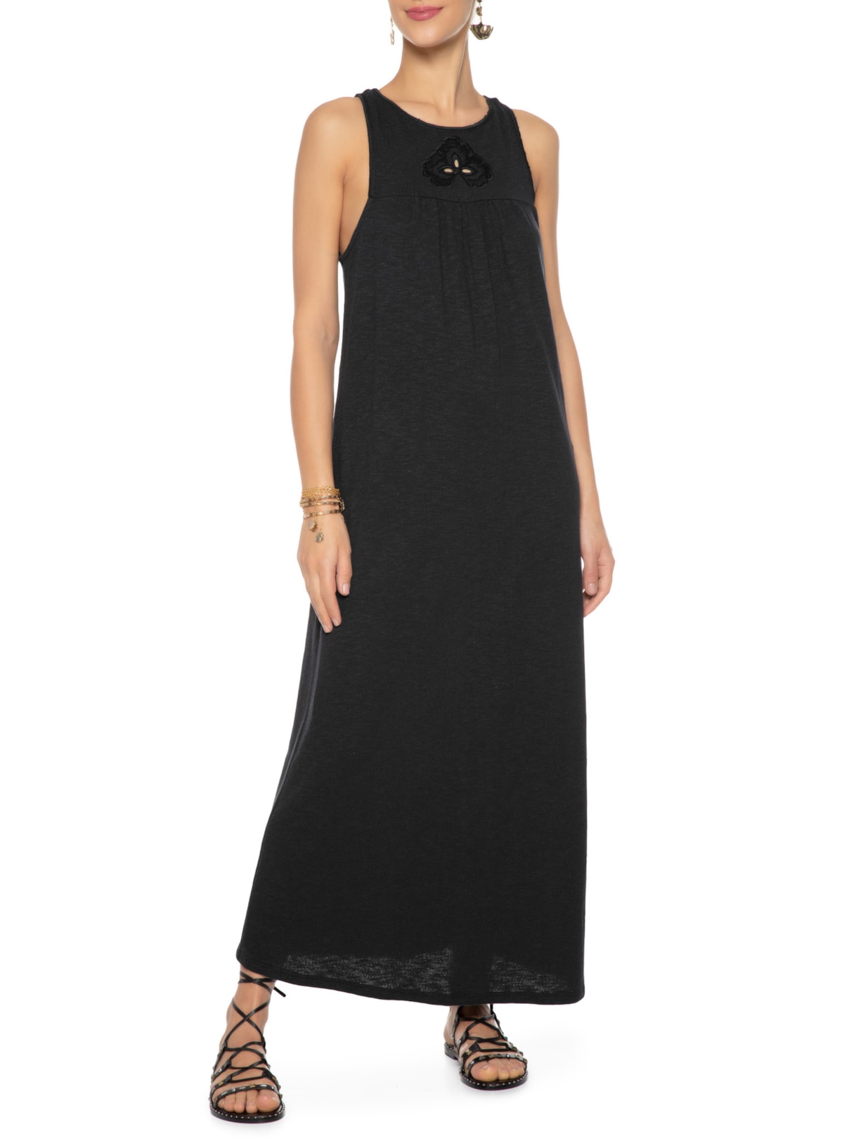 Vestido Midi Decote Bordado Preto Maria Filó