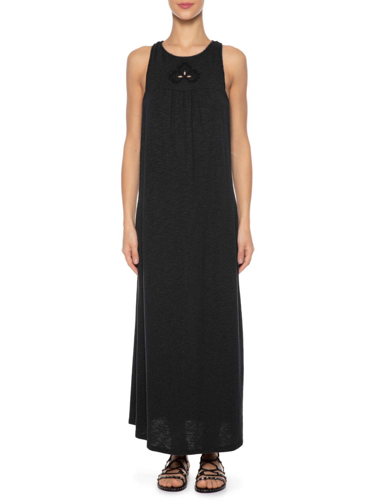 Vestido Midi Decote Bordado Preto Maria Filó