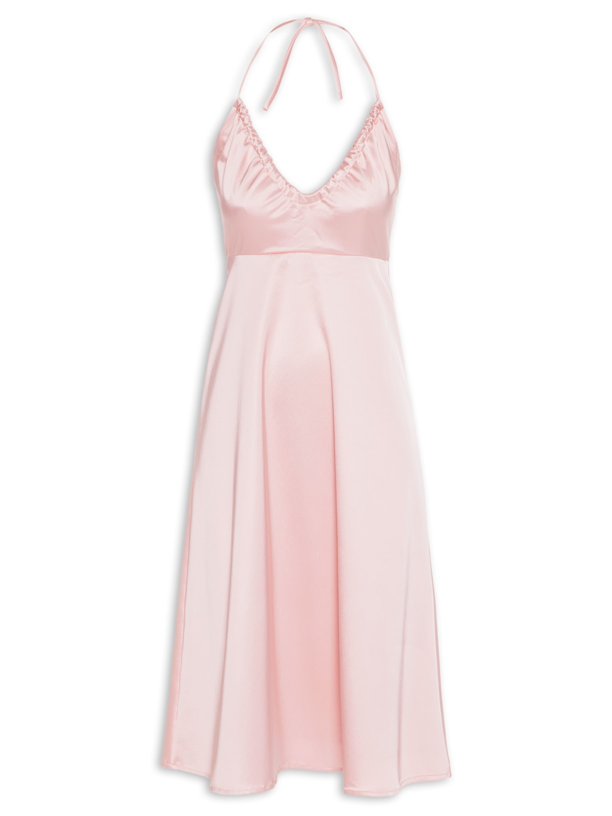 Vestido Midi Decote Em U Franzido - Rosa