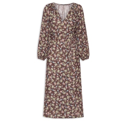 Vestido Midi Decote Estampa Blumi - Marrom