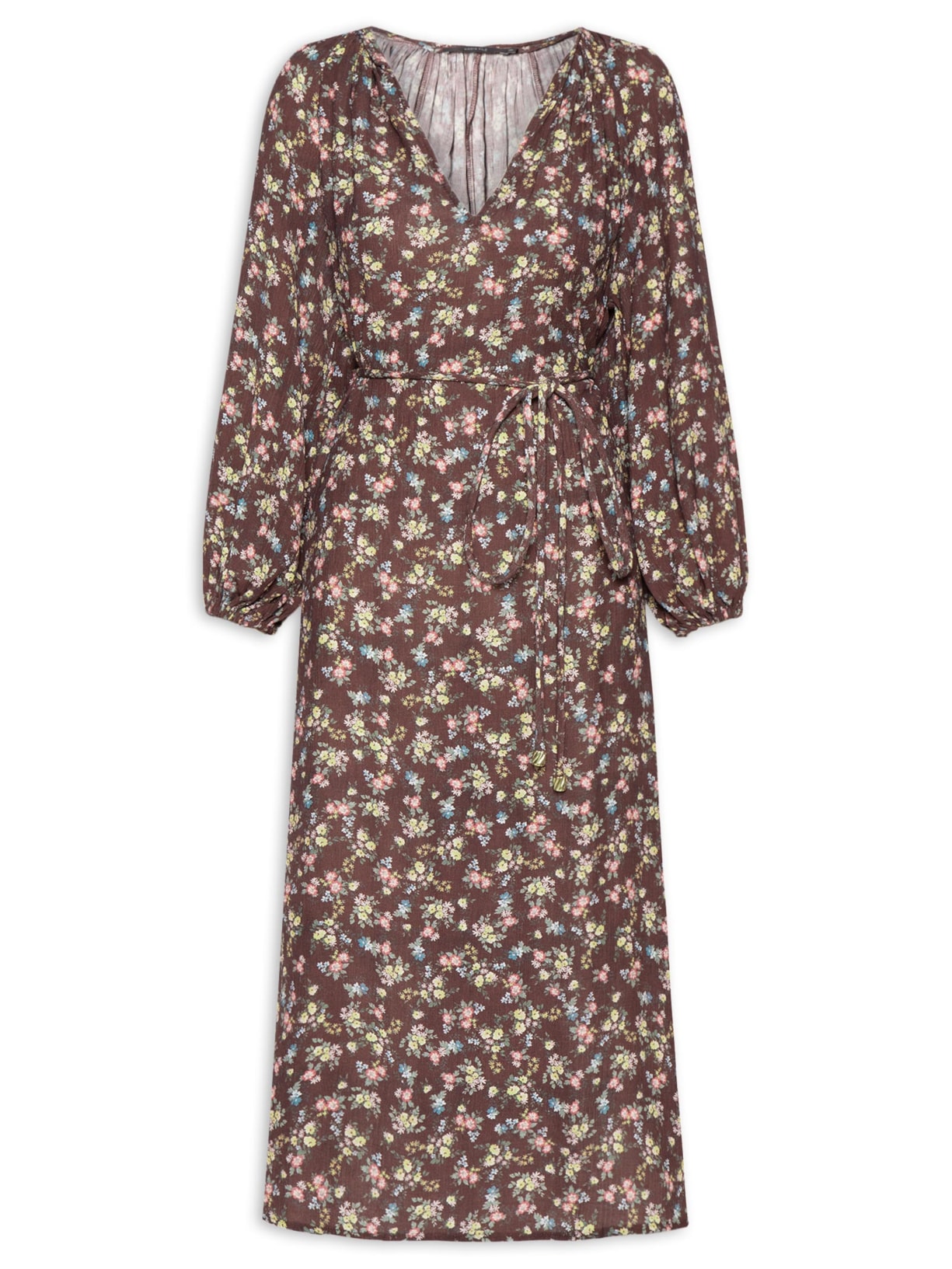 Vestido Midi Decote Estampa Blumi - Marrom