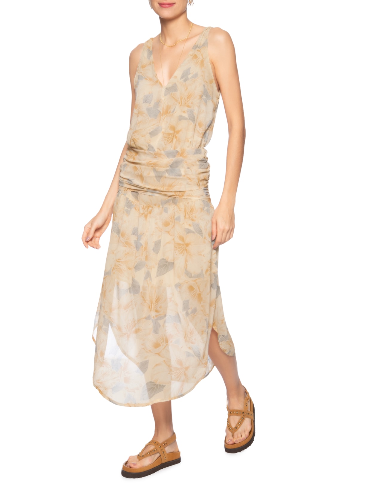 Vestido Midi Decote Estampa Flora Bege Maria Filó