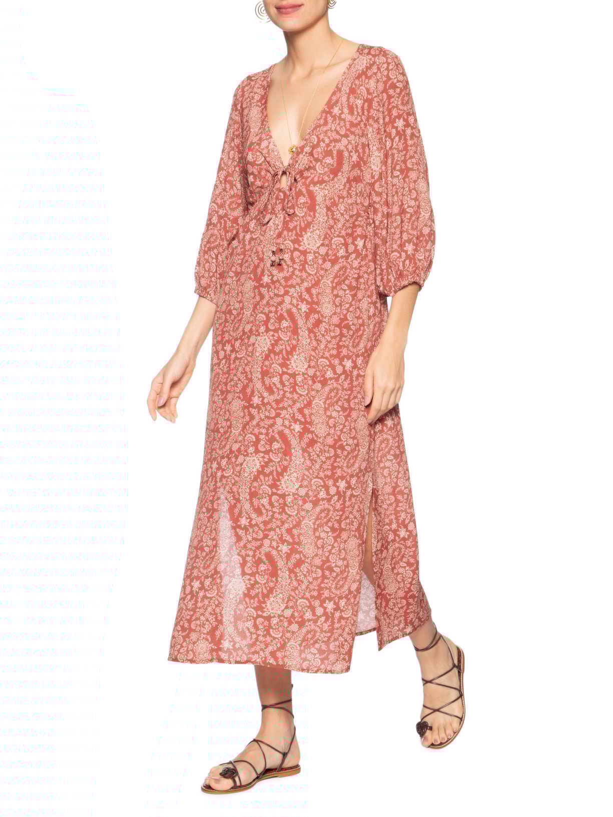 Vestido Midi Decote Estampa Maze Vermelho Maria Filó