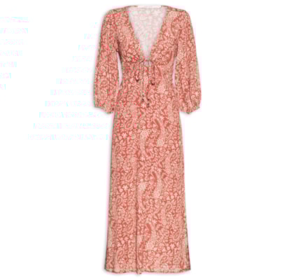 Vestido Midi Decote Estampa Maze - Vermelho