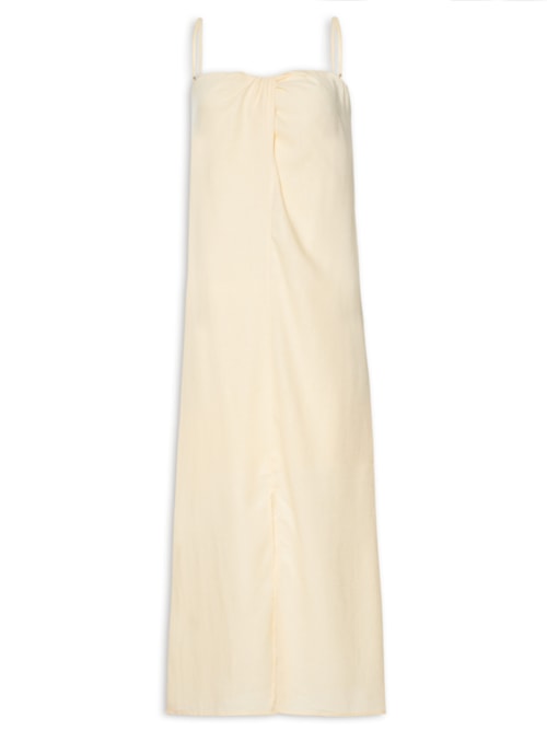 Vestido Midi Decote Pregas - Bege