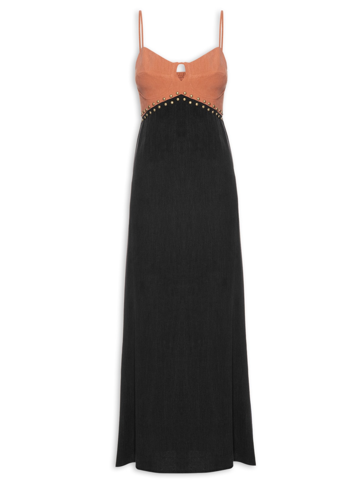 Vestido Midi Decote Tachas - Preto