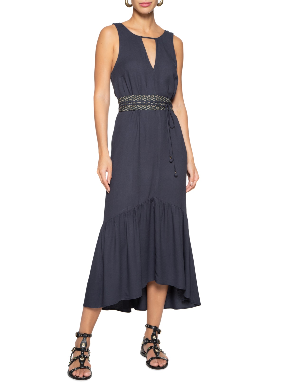 Vestido Midi Decote V Azul Maria Filó