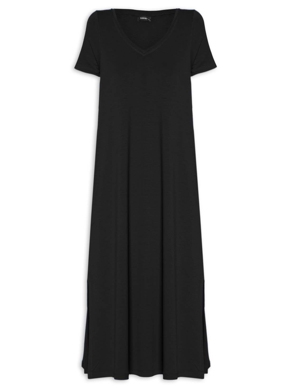 Vestido Midi Decote V E Bolsos Laterais - Preto