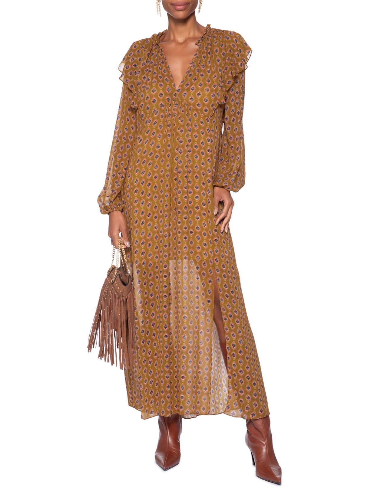 Vestido Midi Decote V Estampado Amarelo Animale