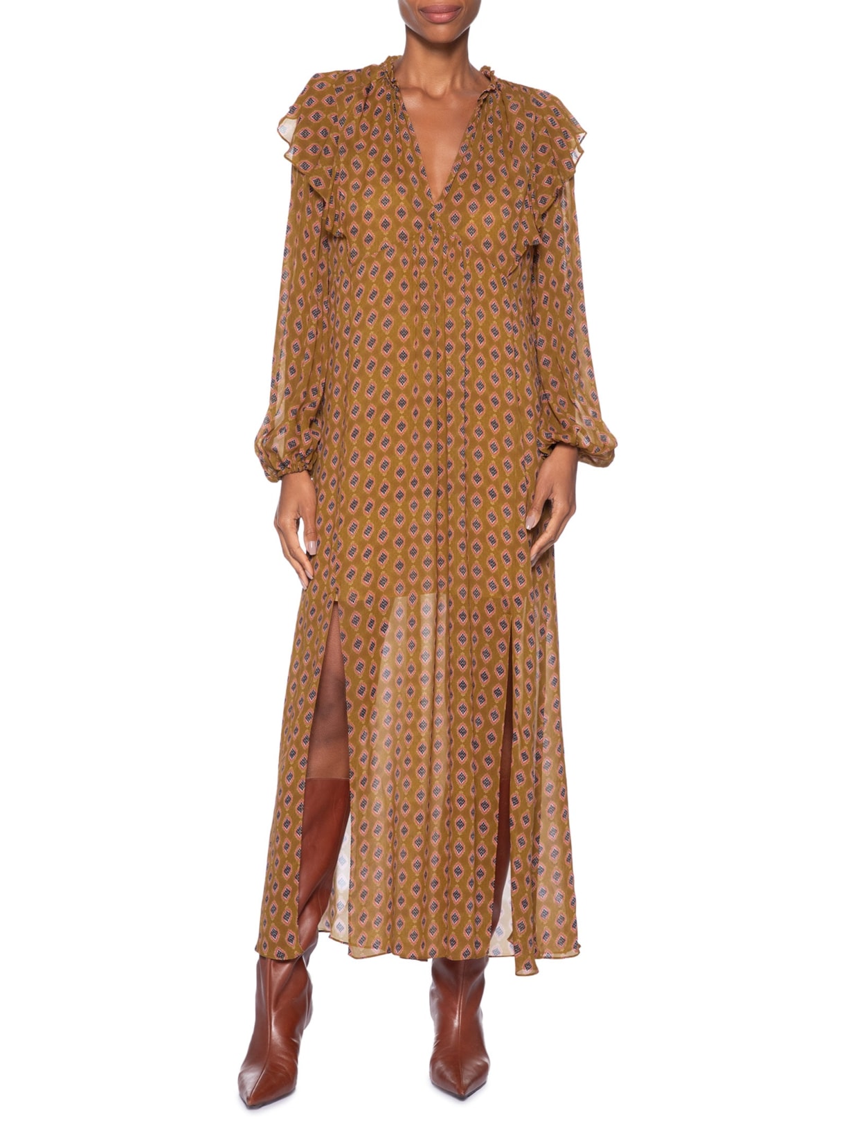 Vestido Midi Decote V Estampado Amarelo Animale