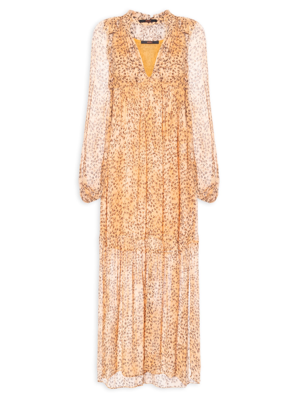Vestido Midi Decote V Estampado Bege Animale