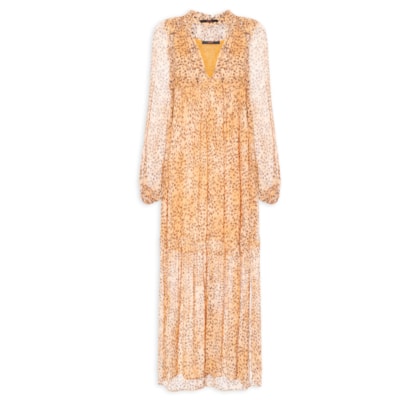 Vestido Midi Decote V Estampado - Bege