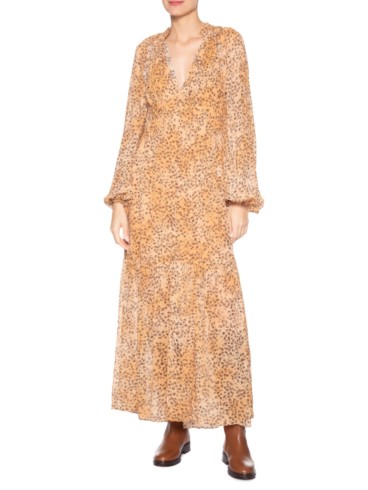 Vestido Midi Decote V Estampado Bege Animale