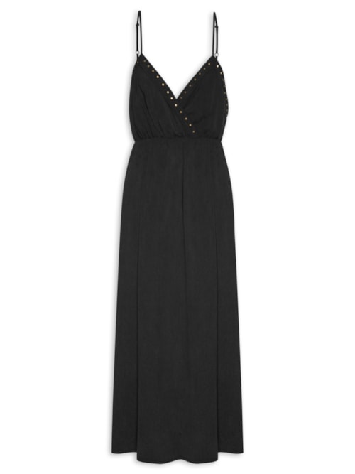 Vestido Midi Decote V Tachas - Preto