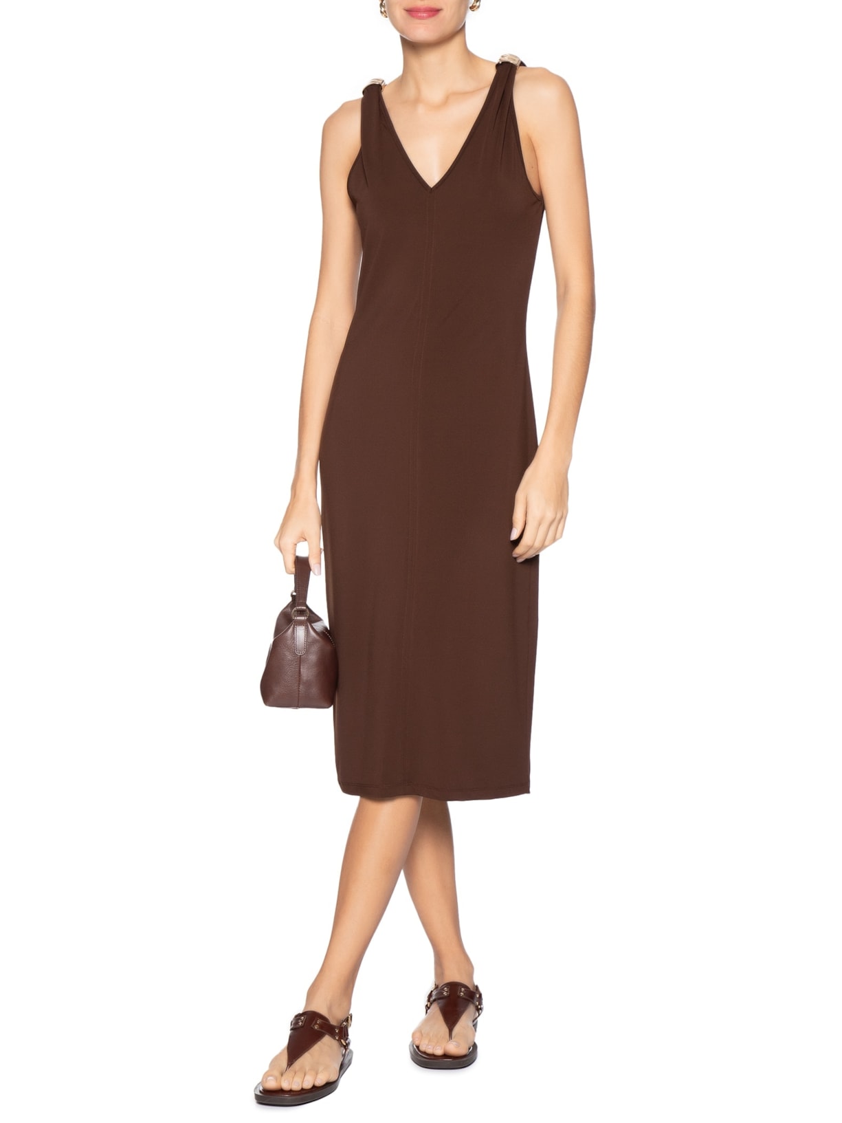 Vestido Midi Detalhe Em Metal Marrom Basiq