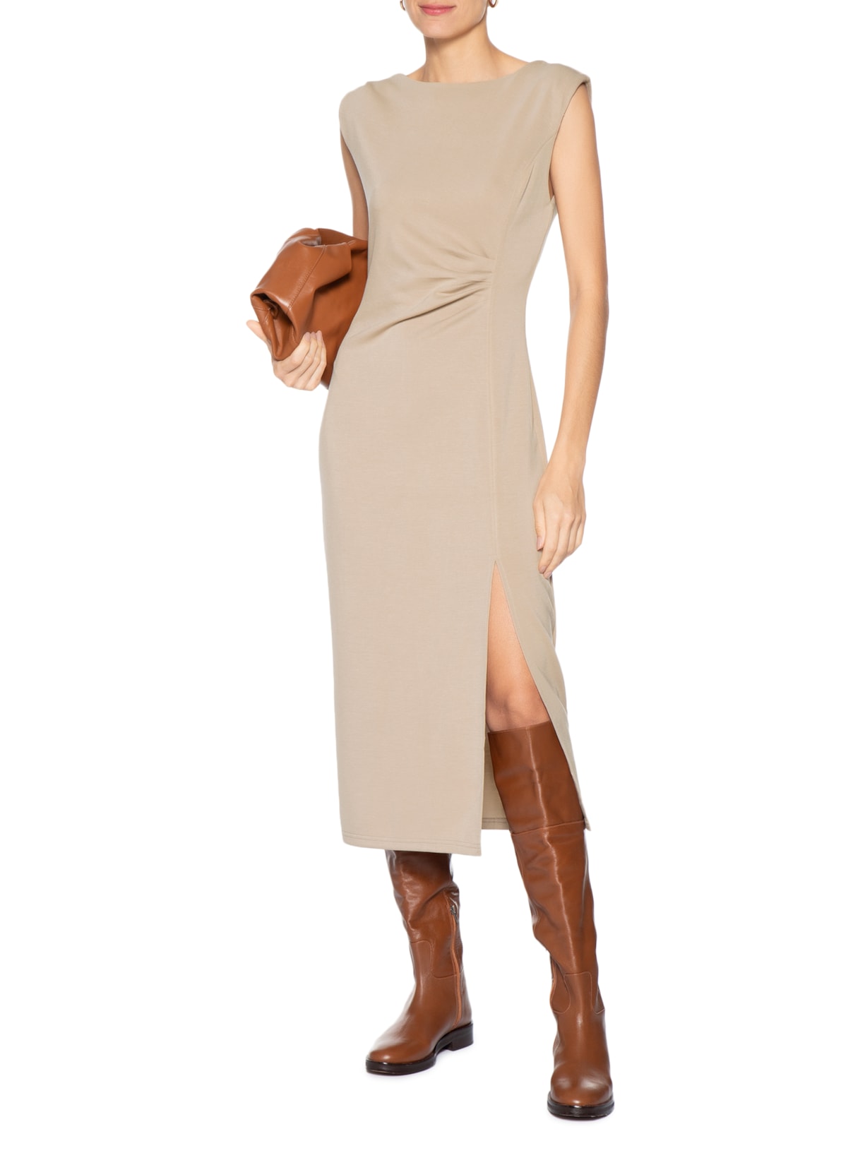 Vestido Midi Drapeado Com Fenda Bege Basiq