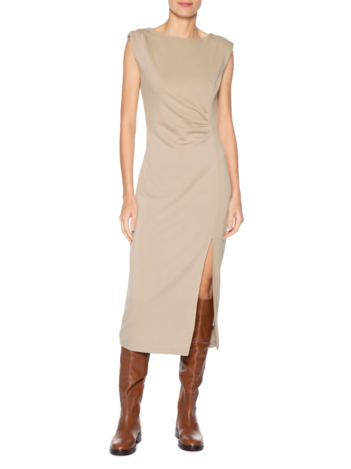 Vestido Midi Drapeado Com Fenda Bege Basiq