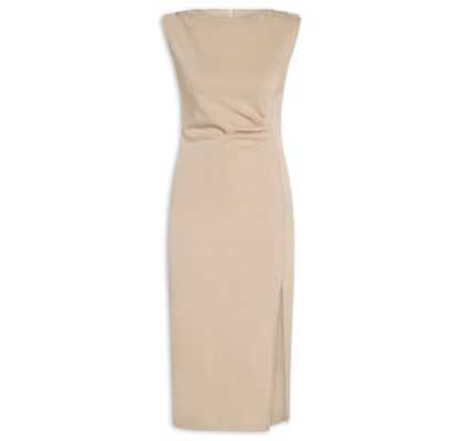 Vestido Midi Drapeado Com Fenda - Bege
