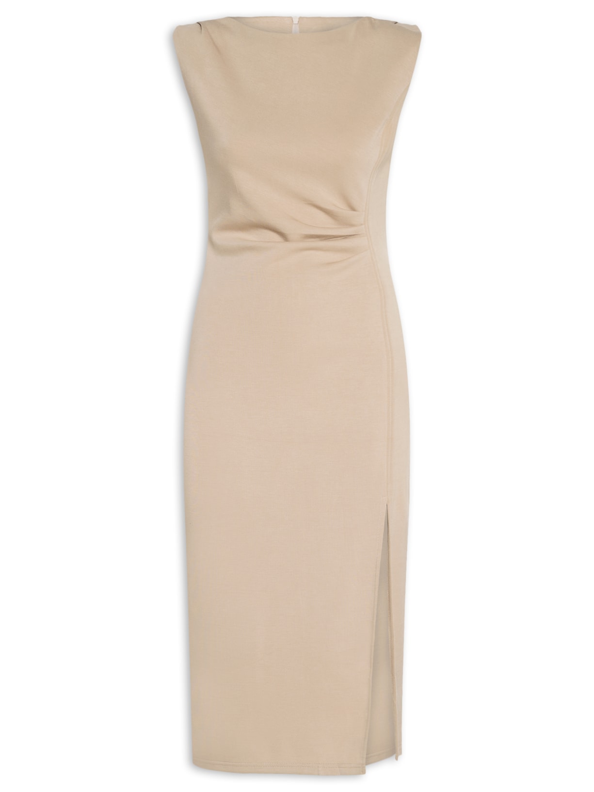 Vestido Midi Drapeado Com Fenda - Bege